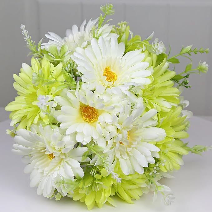 12 Pieces Artificial Daisy Flowers Wildflowers Bouquet for Table Vase Decor, Lifelike Fake Silk Spring Flowers, Perfectly Mimics Real Daisy and Spring Blooms (Green & White)