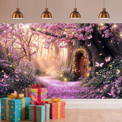 12X10ft Enchanted Forest Backdrop Fairy Tale Purple Garden Wonderland Tree House Floral Background for Kids Girl Baby Shower Birthday Party Decoration Banner Cake Table Photo Booth Props