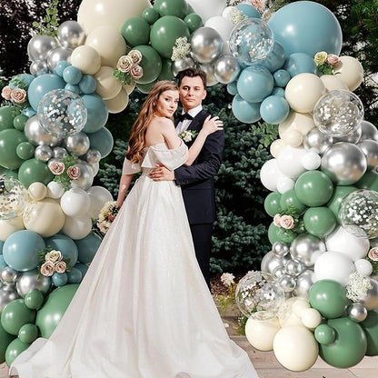 Retro Bean Green Balloon Arch Kit, 145Pcs Dusty Blue White Pastel Beige Sliver Confetti Balloons for Baby Bridal Shower Wedding Engagement Birthday Party Decorations