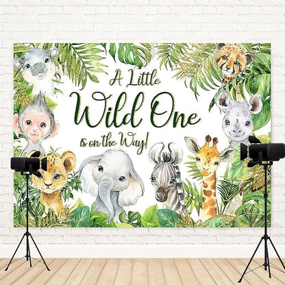 8x6ft Baby Shower Backdrop A Little Wild One is On The Way Photography Background Jungle Animals Tropical Green Leaf Newborn Birthday Party Banner Decorations Gender Reveal Photo Booth Prop