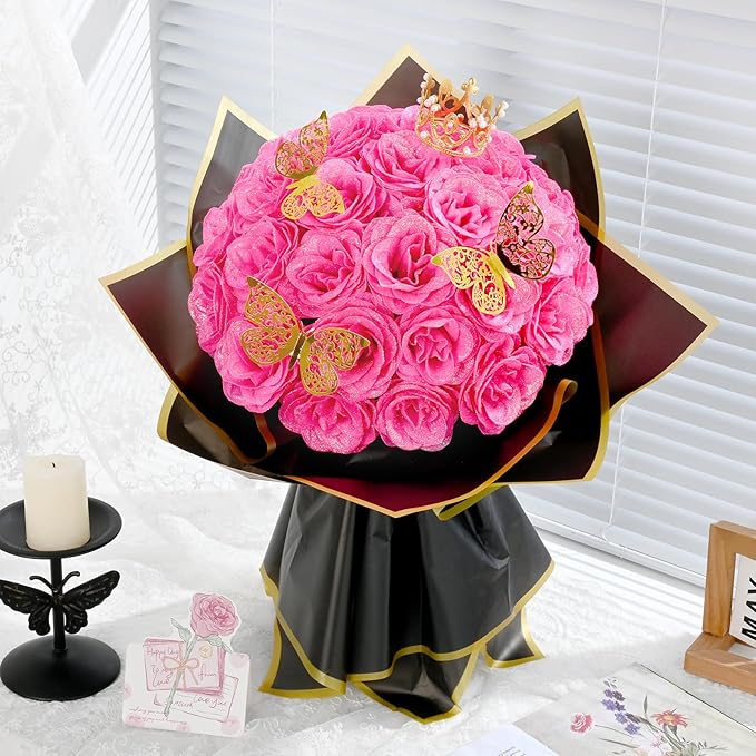 Waipfaru Glitter Roses Bouquet, DIY Fake Flowers Bouquet, Birthday Gifts for Women Mom, 24 Pcs Hot Pink Rose for Wife Girlfriend Valentines, Mothers Day, Anniversary, Graduation