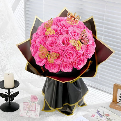 Waipfaru Glitter Roses Bouquet, DIY Fake Flowers Bouquet, Birthday Gifts for Women Mom, 24 Pcs Hot Pink Rose for Wife Girlfriend Valentines, Mothers Day, Anniversary, Graduation