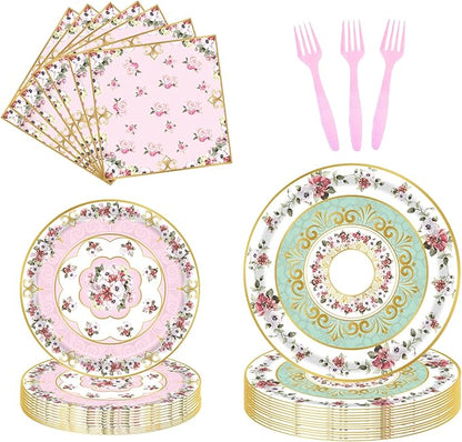 96pcs Floral Party Supplies Flower Paper Plates and Napkins Tableware Set for 24 Guest Floral Party Disposable Paper Dinner Plates Napkins Forks for Birthday Bridal Shower Tea Party Supplies