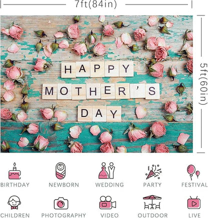 Happy Mother's Day Backdrop Flowers Wooden Pink Floral Photography Background for Mom Festival Party Banner Decorations Supplies Photo Shoot Party Banner Wallpaper Studio Props 7x5ft