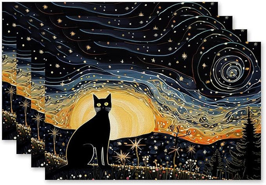 Cat Placemats Set of 4, Starry Night Black Cat Table Mats Place Mats for Kitchen Dining Table Decoration 16.9x11.4 Inch