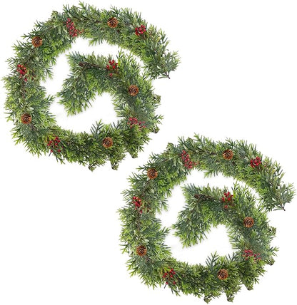 2Pack 6FT Christmas Garland – Artificial Norfolk Pine Olive Garland with Red Berries, Pinecones & 20 Warm LED Timer Lights – Holiday Garland for Home, Wedding, Party Decorations