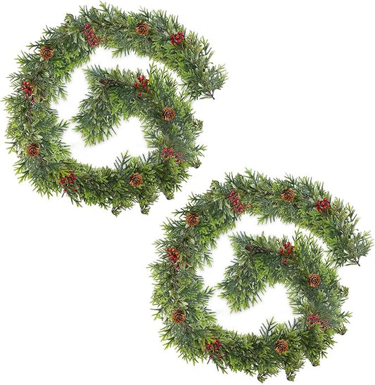 2Pack 6FT Christmas Garland – Artificial Norfolk Pine Olive Garland with Red Berries, Pinecones & 20 Warm LED Timer Lights – Holiday Garland for Home, Wedding, Party Decorations