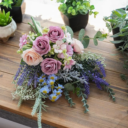 15 Inch Artificial Silk Flowers Bouquet with Roses, Eucalyptus, Baby's Breath, Daisies, Lavender, Sage & Chamomile - Realistic Faux Floral Arrangement for Home Decor Centerpiece