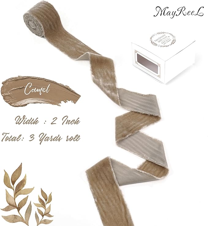 MAYREEL 2 Inch Camel Velvet Ribbon Hand Torn Tawny Silk Frayed Edge for Bridal Bouquets Invitations Wedding Vow Books Gift Baskets Hair Bows 3 Yards