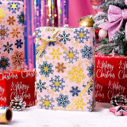 MAYPLUSS Christmas Wrapping Paper - 17 Inch X 33 Feet - Gold Snowflakes Against Pink Reversible Merry Christmas Gift Wrapping Paper, Metallic Foil Thick Gift Wrap Paper for Holiday Party New Year Kids