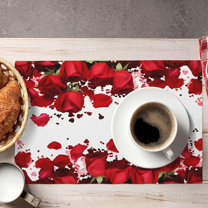 Rose Linen Table Placemats Set of 6 Romantic Red Flowers Place Mats for Home Party Kitchen Indoor Holiday Rustic Washable Heat Resistant Table Mats 12 x 18 Inch