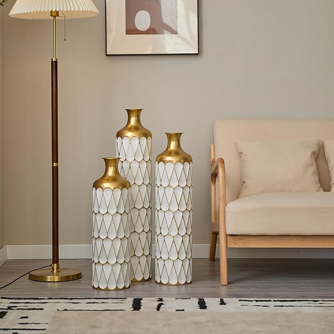Floor Vases, Tall Home Decor Metal Vase Set of 3 Large Glazed Decorative Vases for Wedding Decor, Elegant Modern Flower Holder for Living Room, Entryway, Hallway, Dining Room
