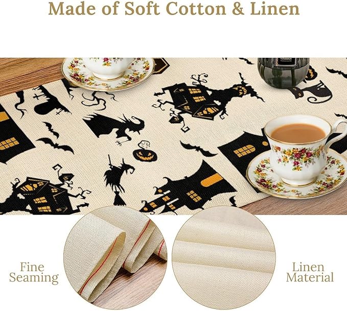 Halloween Table Runner, Retro Gothic Spoonky House Day of Death Mysterious Halloween Coffee Table Center Decor for Home Kitchen Dining Patio Holiday Party Table Decorations 13x72 inches