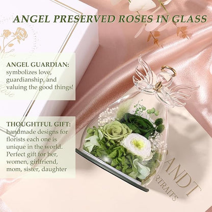 FIACO Gifts for Women Birthday Preserved Rose Forever Flower in Glass Angel Figurines Fresh Flowers for Delivery Prime for Mom Real Green Roses for Grandma Sister Wife Her from Daughter