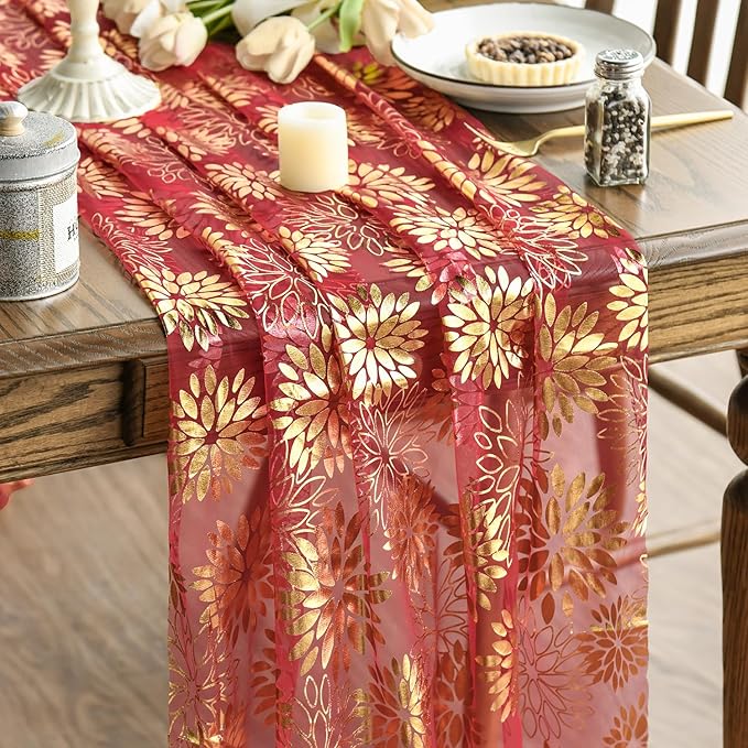 Artoid Mode Red Gold Dahlia Flower Gauze Table Runner 120 Inch 10FT, Glitter Metallic Foil Seasonal Sheer Dining Holiday Table Decor for Home Party