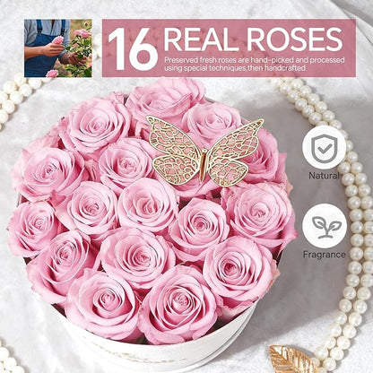 16 Pink Preserved Flowers in Round Gift Box, Forever Flowers Eternal Roses for Mother's Day, Birthday, Anniversary, Valentine's Day Gifts for Women Light Pink