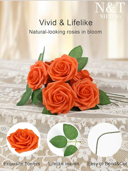 N&T NIETING Artificial Flowers, Fake Flowers Burnt Orange Roses Perfect for DIY Wedding Bridal Bouquets Centerpieces Bridal Shower Party Home Flower Arrangement Decorations, 50Pcs