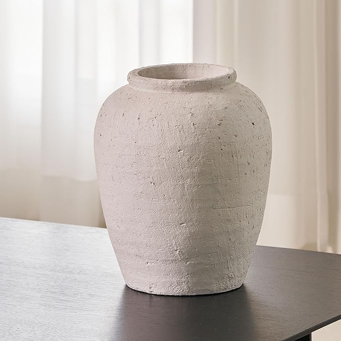 LB2 White Ceramic Large Vase, 11.8" Tall Zen Style vase, Terra Cotta Pitcher Vase, Distressed Farmhouse Decor, Pottery Decorative Flower for Home Decor (A - White 11.8")