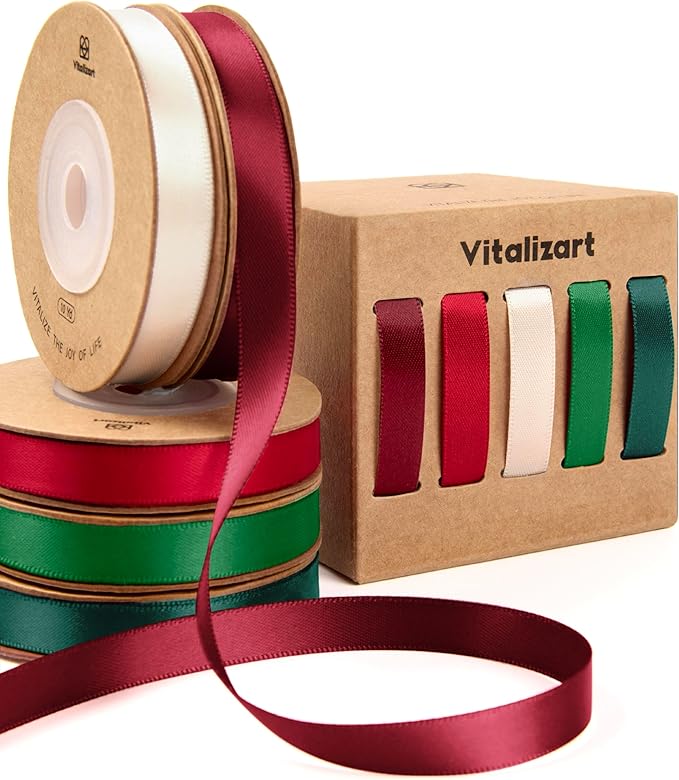 Vitalizart Christmas Ribbons for Crafts 3/8" x 50 Yd Satin Ribbon Green Red Cream White Double Face Gift Wrapping Silk Like Fabric Flower Bouquet Party Decorations Bridal Shower Wreath Hair