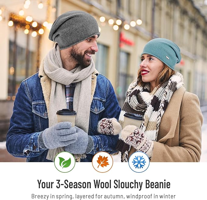 100% Wool Slouchy Beanie, Warm Beanie Hats for Women Breathable Knitting Skull Beanies Cap for Spring Fall Winter