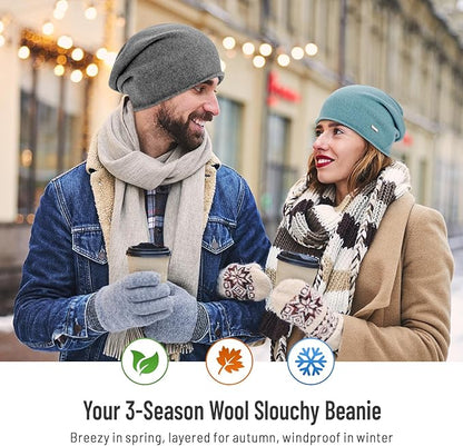 100% Wool Slouchy Beanie, Warm Beanie Hats for Women Breathable Knitting Skull Beanies Cap for Spring Fall Winter