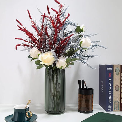 Large Cylinder Ribbed Green Glass Flower Vase for Farmhouse Dining Table Centerpieces Decor