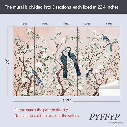 PYFFYP- Chinoiserie Pink Flowers and Bird Wallpaper Vintage Peacock murals for Living Room(Not Peel and Stick)