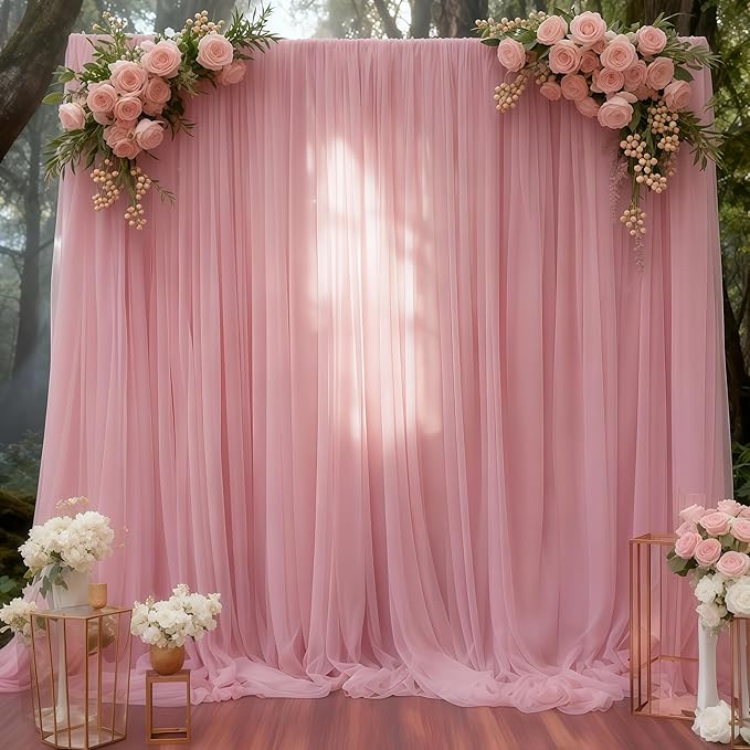 10x10 Dusty Rose Tulle Backdrop Curtains for Parties, Sheer Backdrop Curtain Wedding Photo Background Drapes for Baby Shower Photography Birthday Party