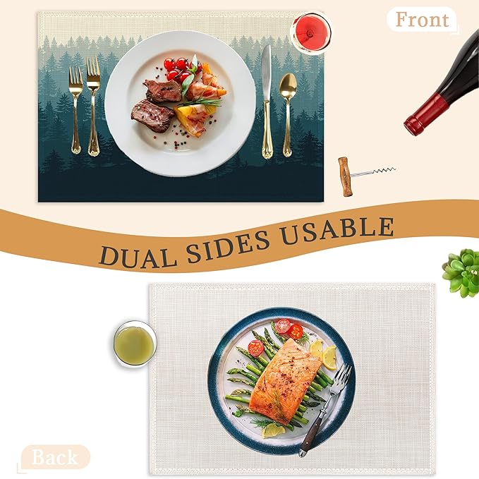 Misty Forest Placemats Set of 6,Washable Heat Resistant 12×18 Inch Linen Table Mats Natural Landscape Place Mats for Party Outdoor Dining Décor