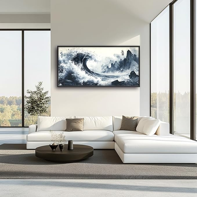 Mountain Wave Large Wall Art Framed Chinese Wall Decor for Living Room Waves Pictures Oversized Canvas Print Painting Modern Extra Large Framed Artwork for Bedroom Office Home Decor 60"x30"
