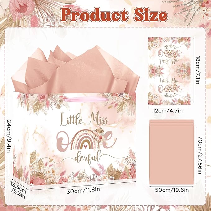 Onederful 1st Birthday Gift Bag for Baby Girl, Boho Floral First Birthday Gift Bags with Tissue Paper Greeting Card Little Miss Onederful Wrapping Paper Bag for Newborn Baby Shower One Year Old Party