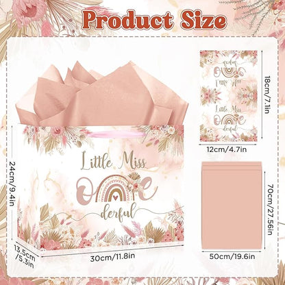 Onederful 1st Birthday Gift Bag for Baby Girl, Boho Floral First Birthday Gift Bags with Tissue Paper Greeting Card Little Miss Onederful Wrapping Paper Bag for Newborn Baby Shower One Year Old Party