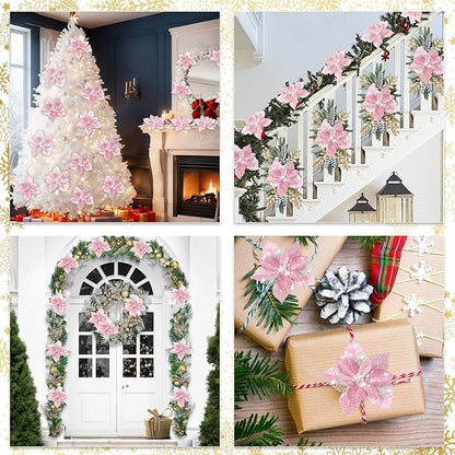 24 Pcs Christmas Poinsettia Flowers Artificial with Clips, 5.9" Christmas Decor Glitter Poinsettia Flowers for Christmas Tree New Year Wedding Party Wreath DIY Garland Decor (Pink)