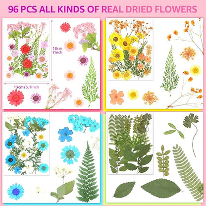 96Pcs Dried Pressed Flowers for Resin, Bulk Natural Dried Flowers,for Scrapbooking DIY Art Crafts Resin Accessories, Soap,Candle Making Nails Decor. Epoxy Resin Jewelry Molds.Craft Making