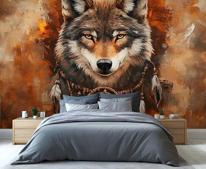 Wolf Dreamcatcher Wall Mural, Tribal Wolf 3D Wall Murals, Feathers Dreamcatcher Animal Totem Wallpaper Mural, for Living Room Bedroom Large Wallpaper Indoor Decor 59" W x39.4 H