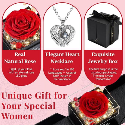 FIACO Gifts for Women Preserved Real Roses with I Love You Necklace Fresh Forever Flowers Birthday Gifts for Mom Grandma Wife Girlfriend on Anniversary Christmas Valentines Romantic Gift