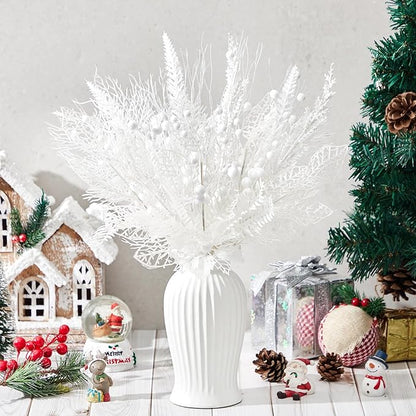 30 Pcs Artificial Christmas Tree Picks and Sprays Glitter Berry Stem Branches Holly Floral Picks Twigs Christmas Tree Ornaments for DIY Xmas Wreath Vase Filler Decorations(White)