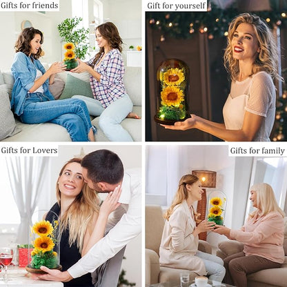 Flowers for Delivery - Forever Flowers Sunflower in Glass Dome with LED Lights, Large Size Preserved Sunflower Gifts for Women, Mom, Wife, Friend -Birthday, Valentine's Day Gift (Sunflower)
