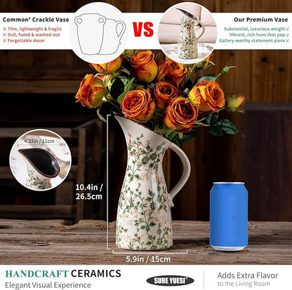 Vintage Ceramic Pitcher Vase with Handle, Farmhouse Green and Beige Large Floral Vases, Chinoiserie Decorative Vase, Rustic Table Centerpiece for Home Decor Living Room, Bookshelf, Office 10.5 Inch