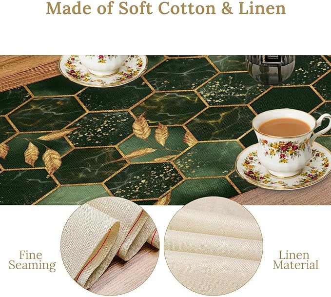 Hunter Green Marble Table Runner Abstract Dark Emerald Green Marble Hexagon Texture Golden Leaves Dinner Runner Table Decoration for Home Kitchen Dining Holiday Party 13x108in