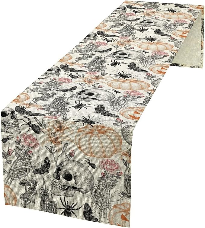 Gothic Table Runner,Black White Skull Moth Pumpkin Halloween Table Runner for Home Kitchen Table Dining Garden Farmhouse Wedding Party Decor 13x60 Inch