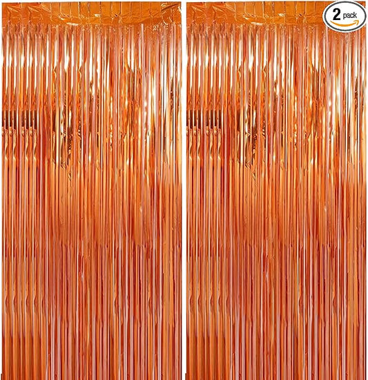 2 Pack 3.28 ft x 6.56 ft Orange Tinsel Curtain Party Backdrop Decorations, Metallic Foil Fringe Backdrop Door for Halloween, Christmas, Birthday Graduation Wedding Party Streamers Photo Backdrop.