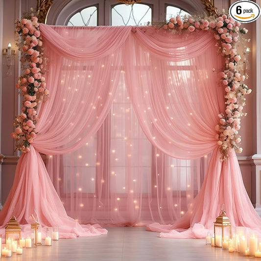 20×10ft Dusty Rose Tulle Backdrop Curtain with Lights String for Parties, Sheer Curtain Backdrop Drapes for Wedding Party Home Decorations