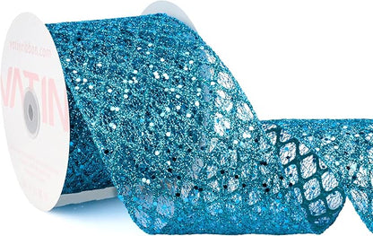 VATIN 4" Turquoise Christmas Ribbon, Blue Glitter Mesh Diamond Web Sequin Dots Wired Christmas Ribbon for Gift Wrapping Bow Making Wreath Supply-10 Yards