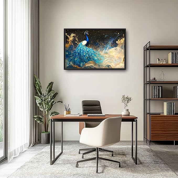 Peacock Large Wall Art Framed Gold Wall Decor for Living Room Mountain Peacock Pictures Oversized Canvas Print Painting Modern Extra Large Framed Artwork for Bedroom Office Home Decor 36"x24"