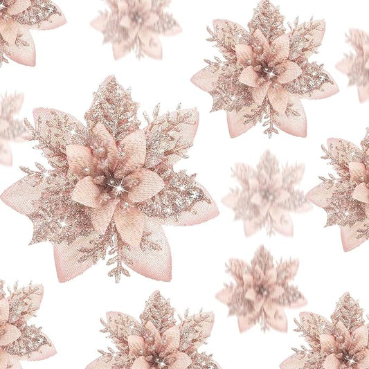 Geosar 36 Pcs Christmas Glitter Artificial Poinsettia Flowers Xmas Poinsettia Artificial Wedding Flowers Decorations Xmas Tree Ornaments with Clips for Party, 6 Inch, 4 Inch, 3 Inch(Rose Gold)