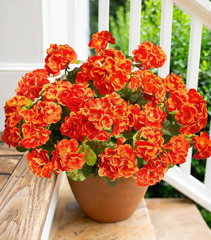 Fake Geraniums Artificial Flowers for Outdoors Fall Autumn Decoration, 6 Bundles Silk Geraniums UV Resistant Look Real Orange Faux Flowers Plants for Front Door Garden Planter Patio Balcony Yard Home