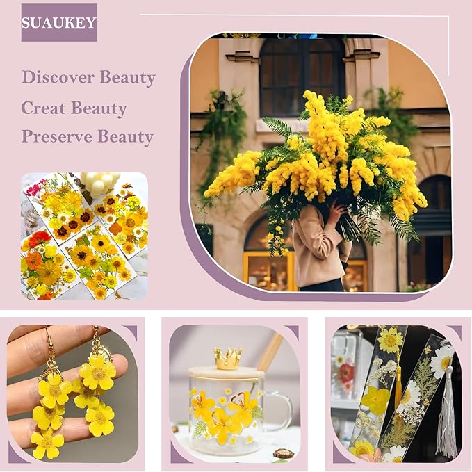 94 Pcs Yellow Pressed Dried Flowers for Resin, Real Natural Bulk Dry Wildflowers Leaves Perfect for Epoxy Molds, DIY Crafts, Home Decor, Soap Candles Jewelry Making