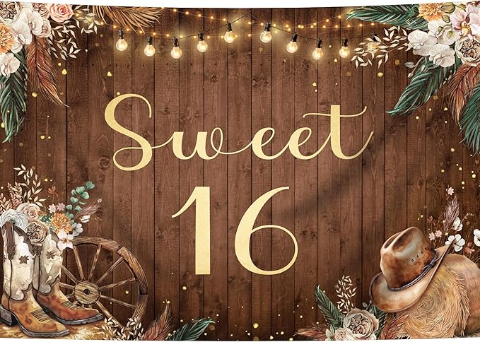 SVBright Sweet 16 Backdrop 5Wx3H Western Cowgirl Rustic Boho Pampas Grass Farmhouse Country Flower Floral West Retro Wooden Boots Hat Decorations Photography Background Banner Photo Booth Studio