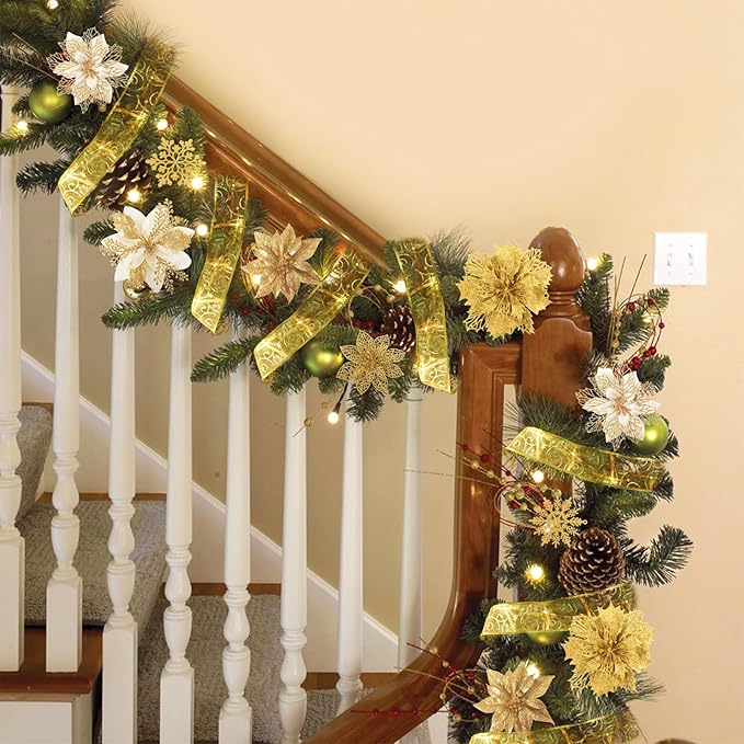 RECUTMS 72 Pcs Poinsettia with Snowflakes & Ribbon, 9 Designs Glitter Gold Artificial Christmas Flowers for Xmas Tree & Wedding Wreath Decor(Gold)